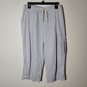 3Potato | Women Linen Blend Crop Cargo Pants L Lagenlook Coastal Grandma Beachy